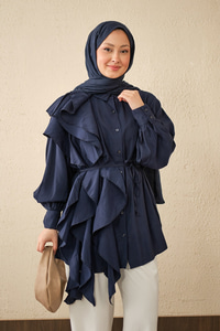 Volanlı Bağcıklı Gömlek Lacivert