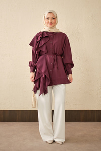 Volanlı Bağcıklı Gömlek Mürdüm