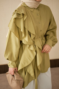 Volanlı Bağcıklı Gömlek Yağ Yeşil