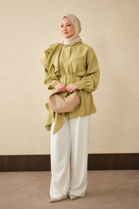 Volanlı Bağcıklı Gömlek Yağ Yeşil