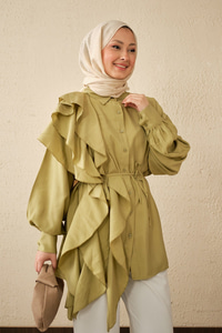 Volanlı Bağcıklı Gömlek Yağ Yeşil