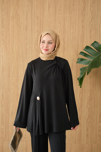 Yaka Bağlama Detay Tokalı Bisiklet Yaka Takım Siyah