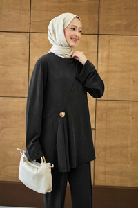 Yaka Bağlama Detay Tokalı Bisiklet Yaka Takım Siyah