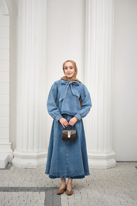 Yaka Bağlamalı Balon Kol Etekli Takım Açık Mavi