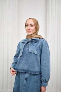 Yaka Bağlamalı Balon Kol Etekli Takım Açık Mavi