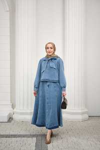 Yaka Bağlamalı Balon Kol Etekli Takım Açık Mavi