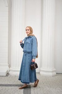 Yaka Bağlamalı Balon Kol Etekli Takım Açık Mavi