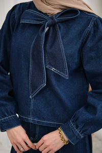 Yaka Bağlamalı Balon Kol Etekli Takım Lacivert