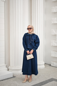 Yaka Bağlamalı Balon Kol Etekli Takım Lacivert