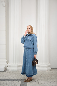 Yaka Bağlamalı Balon Kol Etekli Takım Açık Mavi