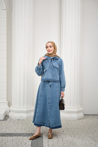 Yaka Bağlamalı Balon Kol Etekli Takım Açık Mavi