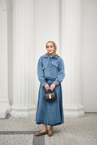 Yaka Bağlamalı Balon Kol Etekli Takım Açık Mavi