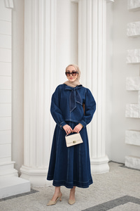 Yaka Bağlamalı Balon Kol Etekli Takım Lacivert