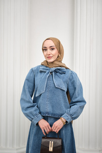 Yaka Bağlamalı Balon Kol Etekli Takım Açık Mavi