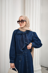 Yaka Bağlamalı Balon Kol Etekli Takım Lacivert