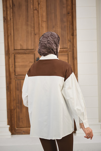 Yaka Bağlamalı Çift Renk Gömlek Kahverengi