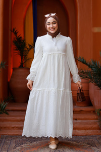 YAKA BAGLAMALI DANTELLI ELBISE BEYAZ