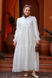 YAKA BAGLAMALI DANTELLI ELBISE BEYAZ