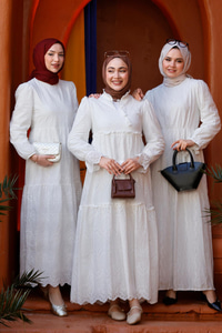 YAKA BAGLAMALI DANTELLI ELBISE BEYAZ