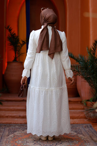 YAKA BAGLAMALI DANTELLI ELBISE BEYAZ