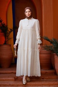 YAKA BAGLAMALI DANTELLI ELBISE Krem