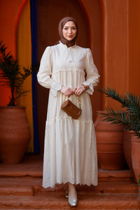 YAKA BAGLAMALI DANTELLI ELBISE Krem