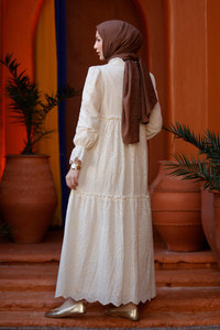 YAKA BAGLAMALI DANTELLI ELBISE Krem