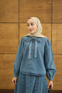 Yaka Bağlamalı Etekli Kot Takım Buz Mavi