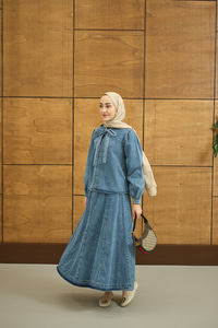 Yaka Bağlamalı Etekli Kot Takım Buz Mavi