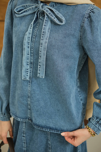 Yaka Bağlamalı Etekli Kot Takım Buz Mavi