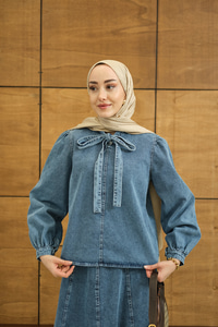 Yaka Bağlamalı Etekli Kot Takım Buz Mavi