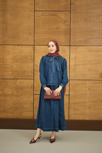 Yaka Bağlamalı Etekli Kot Takım Lacivert