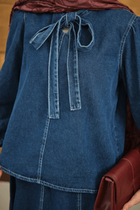 Yaka Bağlamalı Etekli Kot Takım Lacivert