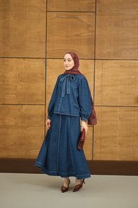 Yaka Bağlamalı Etekli Kot Takım Lacivert