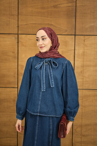 Yaka Bağlamalı Etekli Kot Takım Lacivert