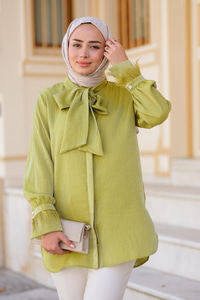 Yaka Bağlamalı Kol Püskül Gömlek Fıstık Yeşil