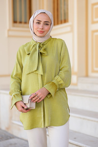 Yaka Bağlamalı Kol Püskül Gömlek Fıstık Yeşil