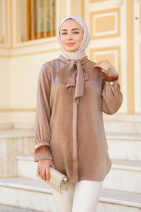 Yaka Bağlamalı Kol Püskül Gömlek Kahverengi