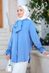 Yaka Bağlamalı Kol Püskül Gömlek Mavi