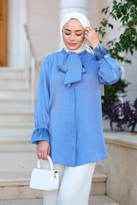 Yaka Bağlamalı Kol Püskül Gömlek Mavi