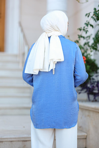 Yaka Bağlamalı Kol Püskül Gömlek Mavi