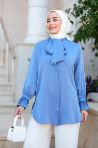 Yaka Bağlamalı Kol Püskül Gömlek Mavi