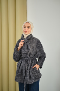 Yaka Bağlamalı Peluş Hırka Füme