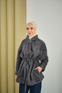 Yaka Bağlamalı Peluş Hırka Füme