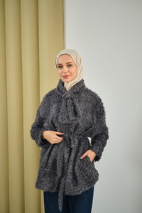 Yaka Bağlamalı Peluş Hırka Füme