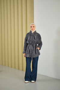 Yaka Bağlamalı Peluş Hırka Füme