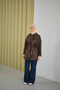 Yaka Bağlamalı Peluş Hırka Kahverengi