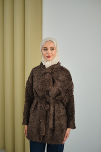 Yaka Bağlamalı Peluş Hırka Kahverengi