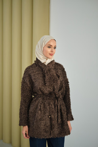 Yaka Bağlamalı Peluş Hırka Kahverengi
