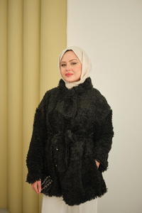 Yaka Bağlamalı Peluş Hırka Siyah